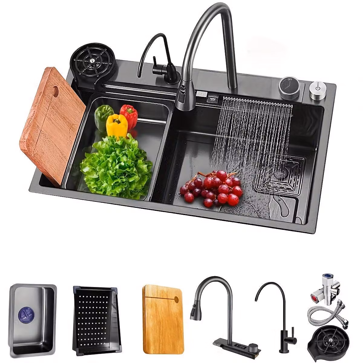 Lavello da cucina – Lavello in acciaio inossidabile con rubinetto multifunzione – Tagliere e bicchiere per l'acqua – Rettangolare