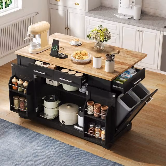 Isola cucina moderna 138 cm con piano ribaltabile, ruote silenziose, presa UE, ripiani regolabili e cassonetto estraibile - Nero e finitura legno