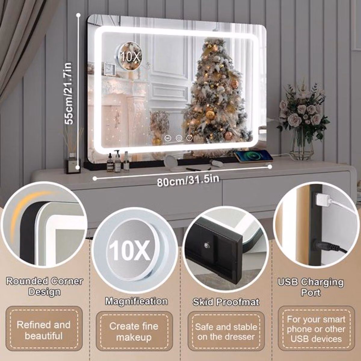 Specchio da trucco extra grande, illuminato in stile Hollywood, 80 cm, in metallo, adatto per piano d'appoggio e parete