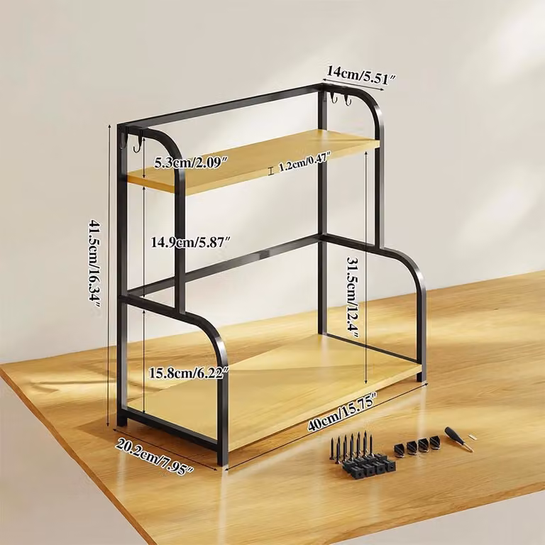 Ripiano portaoggetti - Organizzatore da cucina con 2 livelli - Impilabile - In ferro - Con 4 ganci - Capacità di 15 kg per livello - Stile industriale