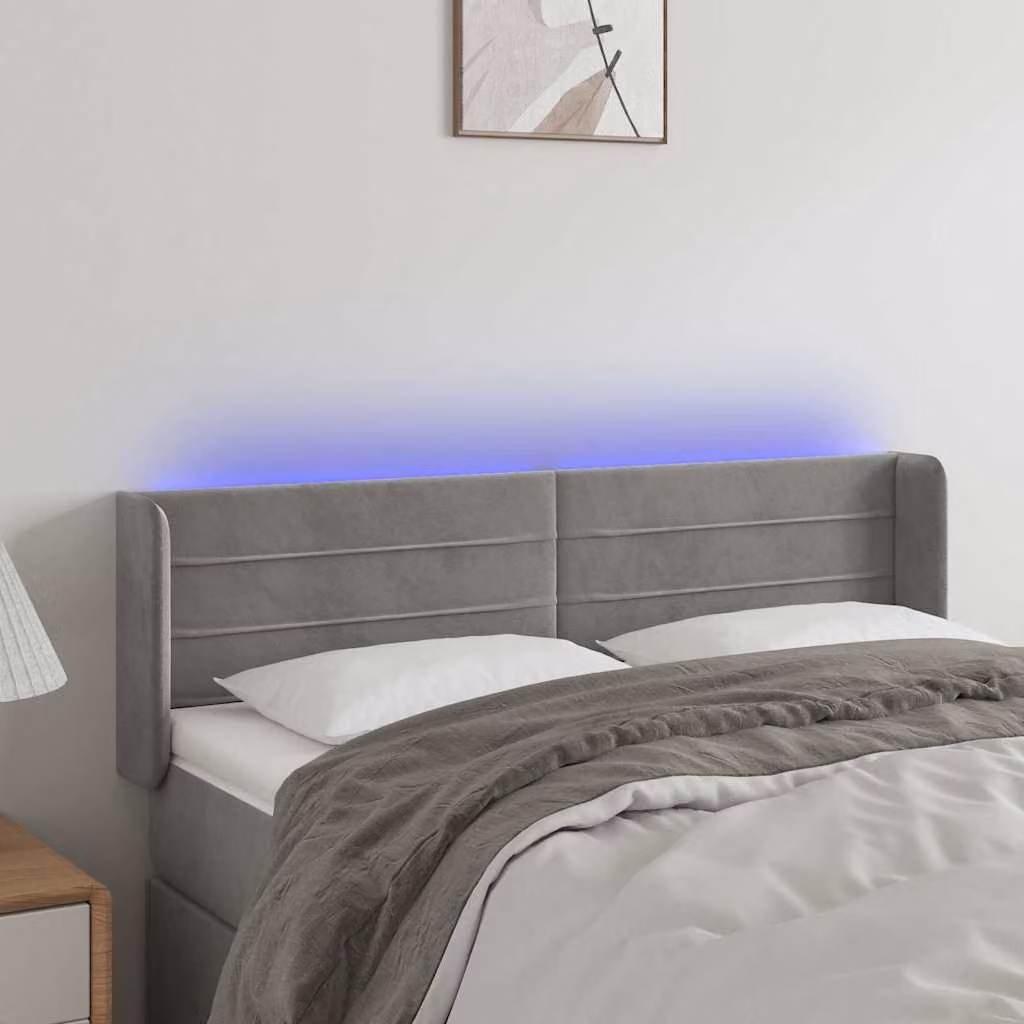 Testiera per letto vidaXL in velluto grigio con illuminazione LED e porta USB, L 147 cm x P 16 cm x H 78-88 cm