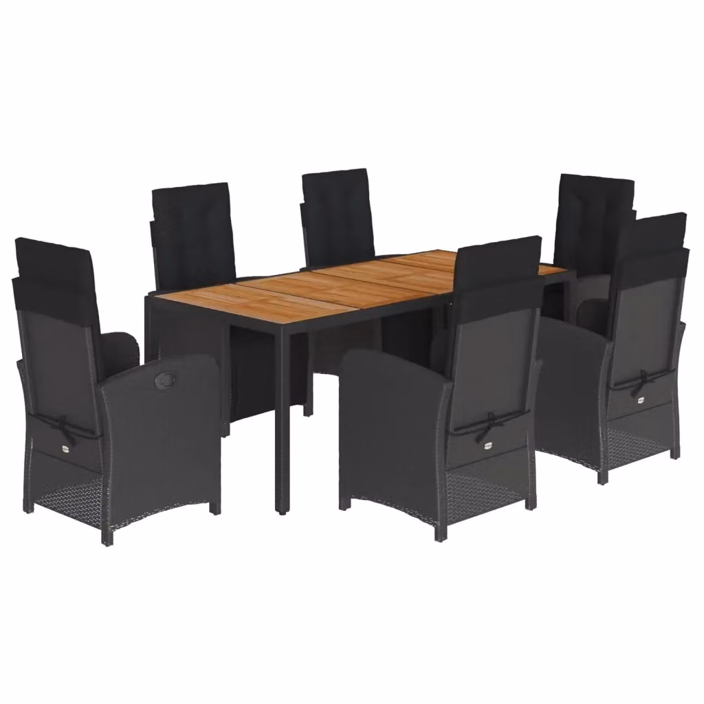 Set da Pranzo da Giardino vidaXL in Polyrattan Nero con Cuscini e Tavolo in Legno di Acacia, 7 Pezzi – 2