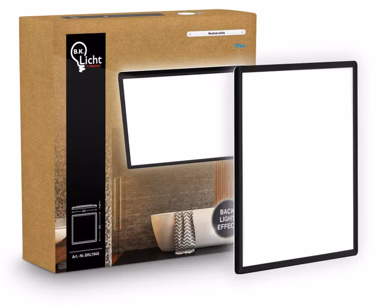 B.K.Licht Pannello LED piatto 29x29cm quadrato 18W 2400lm 4000K bianco neutro protezione dagli spruzzi d'acqua nero - Lampada da soffitto bagno cucina soggiorno