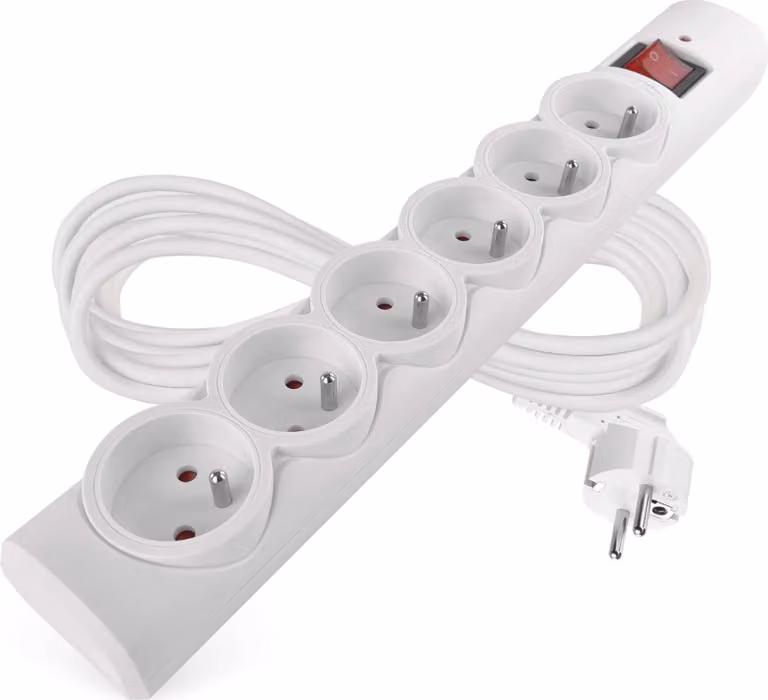 Limitatore di sovratensione EMOS con LED, 6 vie, cavo da 5 m, prese ruotate di 45°, interruttore, 2300W / 10A, per uso interno, bianco, P54017