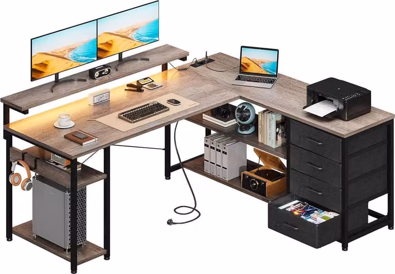 ODK scrivania da gioco LED prese di ricarica USB 135x110cm rovere grigio