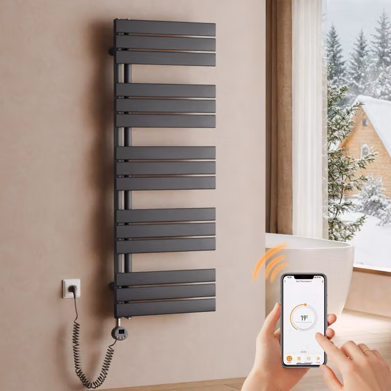 Riscaldatore elettrico da bagno a forma di asciugamano, dimensioni 1320 x 500 mm, 800 W, colore antracite, dotato di termostato, Wi-Fi, timer e display LCD – S'AFIELINA