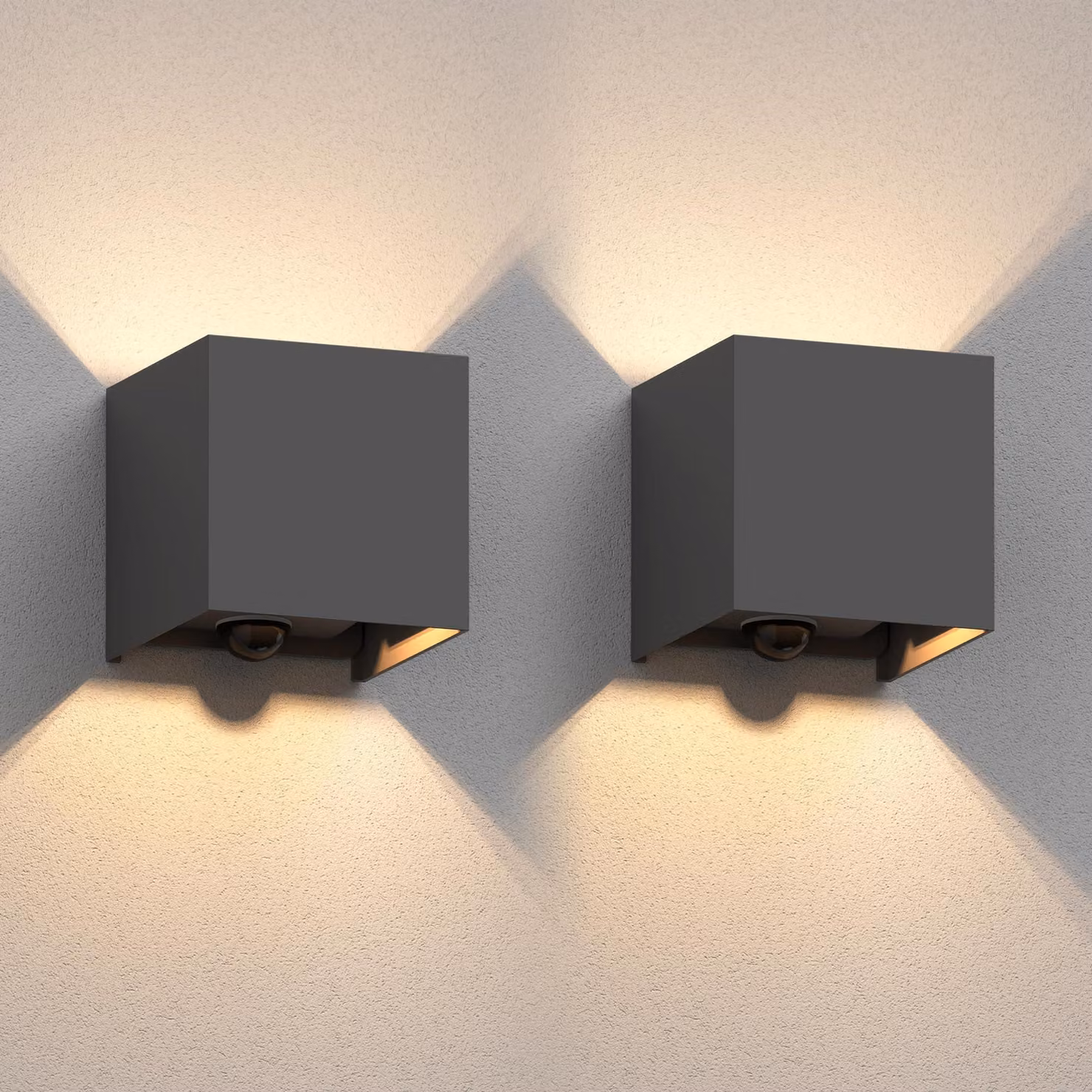 ledscom.de, 2 lampade da parete CUBEL per esterni, grado di protezione IP65, luci direzionali verso l'alto e verso il basso, sensore di movimento, colore grigio antracite opaco, forma quadrata, 1 attacco G9 max. 10W – Con sensore di movimento / 1 luce / 1