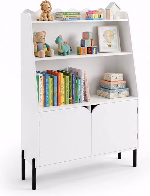 Libreria Montessori per bambini in legno con 3 ripiani aperti e 2 vani con ante, contenitore per libri e giocattoli per cameretta o asilo, colore bianco, L: 121 cm, H: 80 cm, P: 30 cm – 1