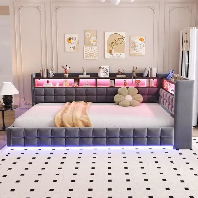 Letto singolo imbottito 90 × 200 cm con vano idraulico rete a doghe LED prese e mensole in velluto grigio