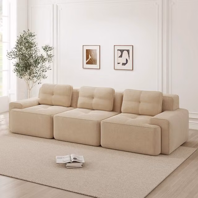 Divano Modulare Angolare 3 Posti ¨C Xylo ¨C Velluto a Coste Beige, Morbido