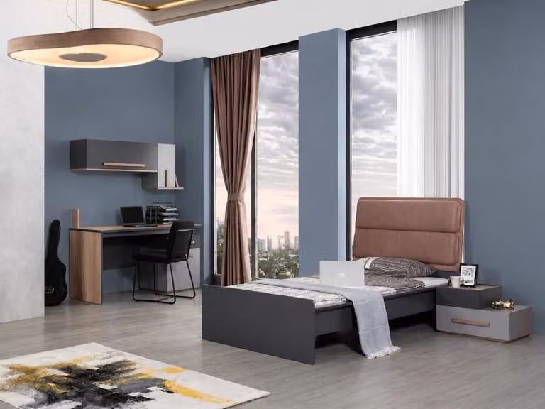Letto singolo per bambini, grigio e marrone, in legno, con testiera imbottita, design moderno