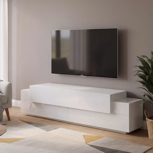 Mobile porta TV Arold DMORA, Credenza bassa da soggiorno moderna in legno bianco lucido, L: 200 cm, P: 45 cm, H: 52 cm – 1
