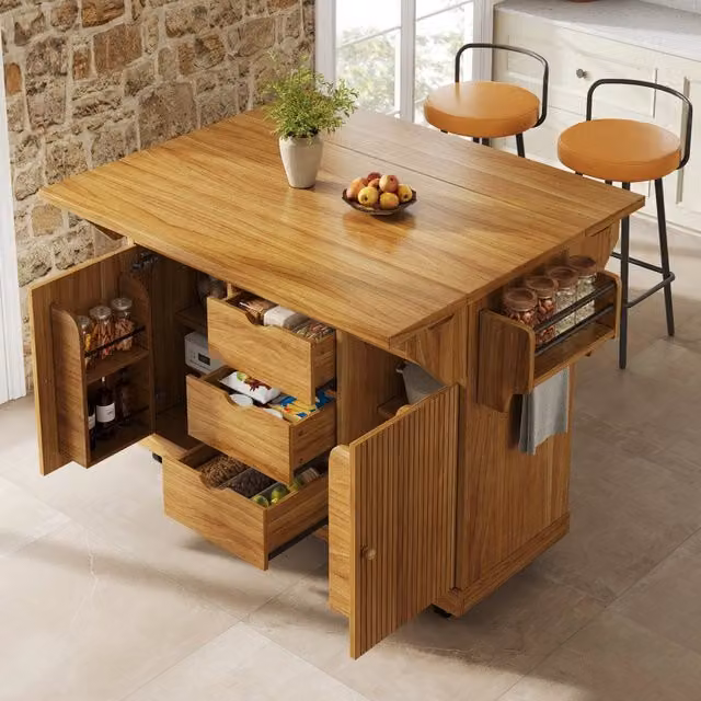 Carrello da cucina con luce LED RGB; piano pieghevole su due lati; 95 cm; bianco