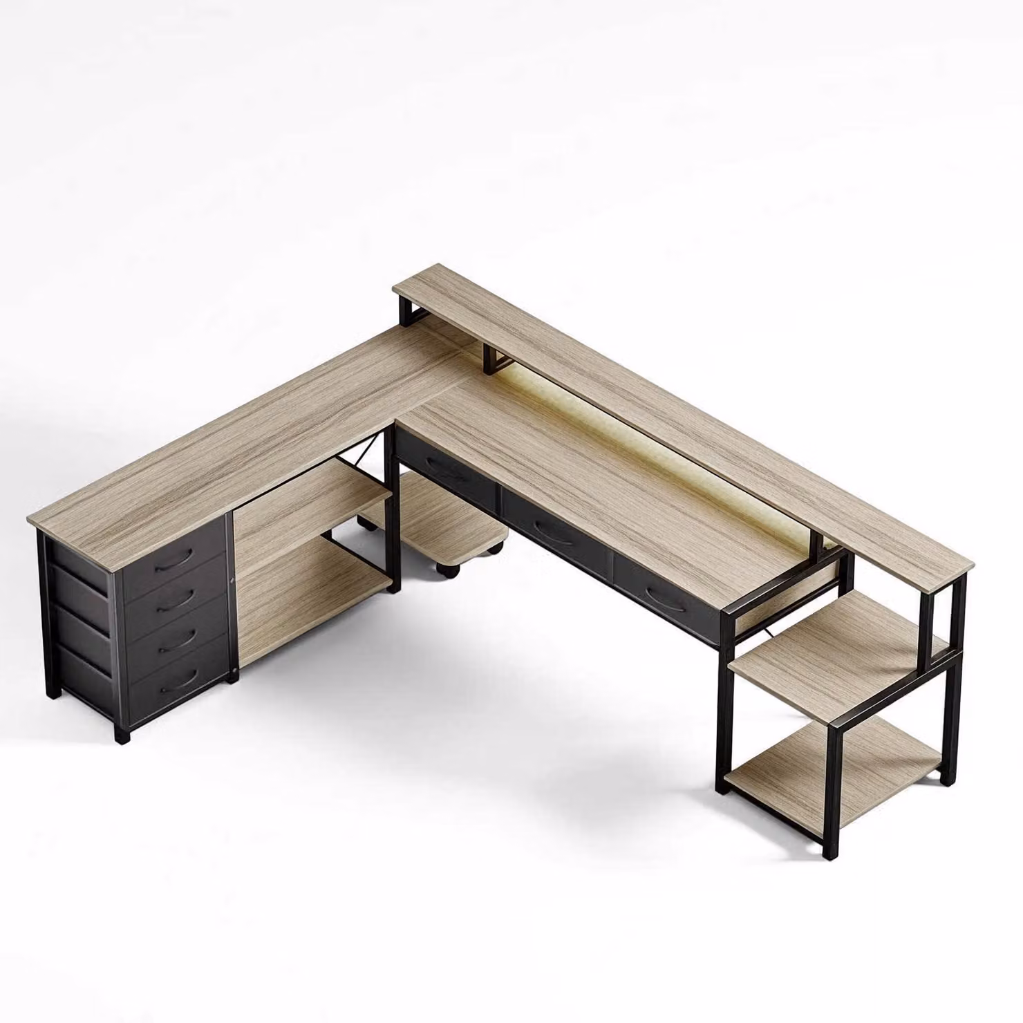 AIORBER Scrivania angolare a forma di L con cassetti, prese elettriche e USB, supporto per monitor, illuminazione a LED, reversibile 200×146 cm, beige