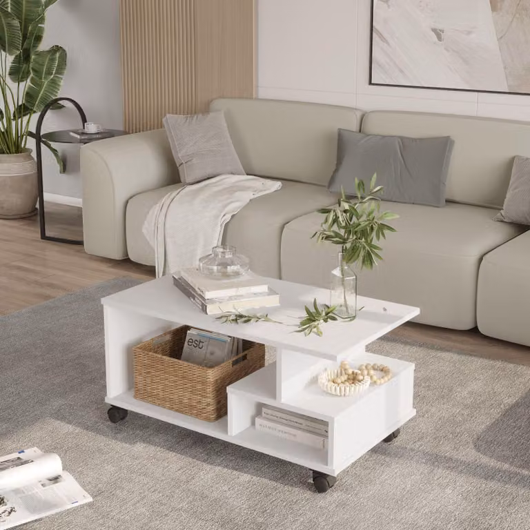 Skye Decor, tavolino da caffè di alta qualità, bianco, 90 x 42,5 x 51 cm | Realizzato in pannello di particelle rivestito in melamina al 100%, spessore 18 mm | Dotato di rotelle per un design versatile, ideale per l'arredamento moderno.