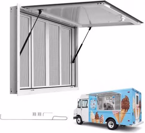 VEVOR Finestra di Servizio per Food Truck con Zanzariera 1524 x 915 mm Telaio in Lega di Alluminio, Inclinazione 85 Gradi, 4 Finestre Scorrevoli, Tendalino, Gancio di Traino, per Camion di Vendita