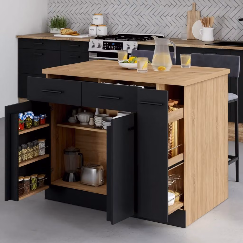 Isola centrale da cucina IDMarket con ante, cassetti e piano in faggio ed effetto nero – 2