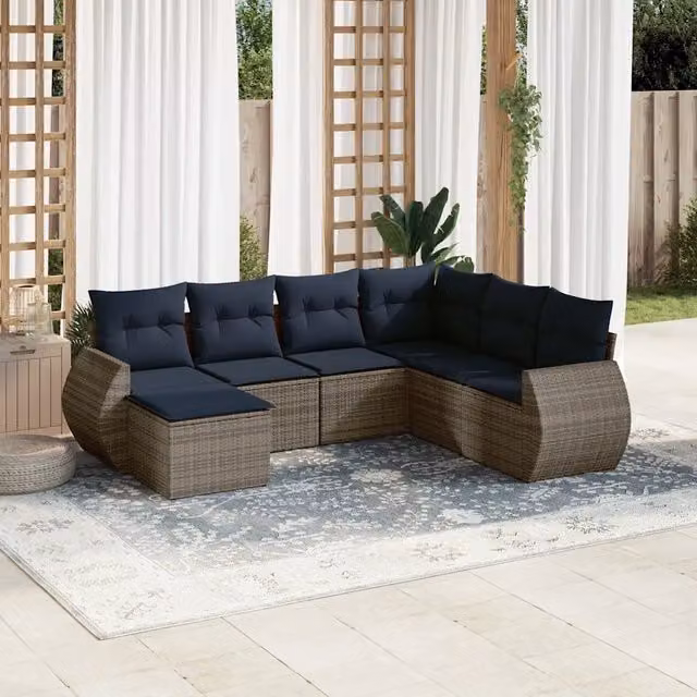 Set da giardino componibile a L vidaXL in rattan con 8 pezzi, divano, poltrone, tavolino e cuscini, colore grigio e blu