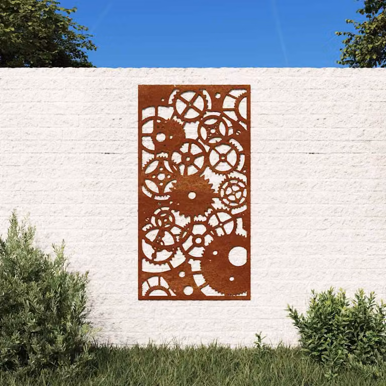 Decorazione da muro per giardino vidaXL in acciaio corten marrone, design astratto a ingranaggio, L: 105 cm, H: 55 cm