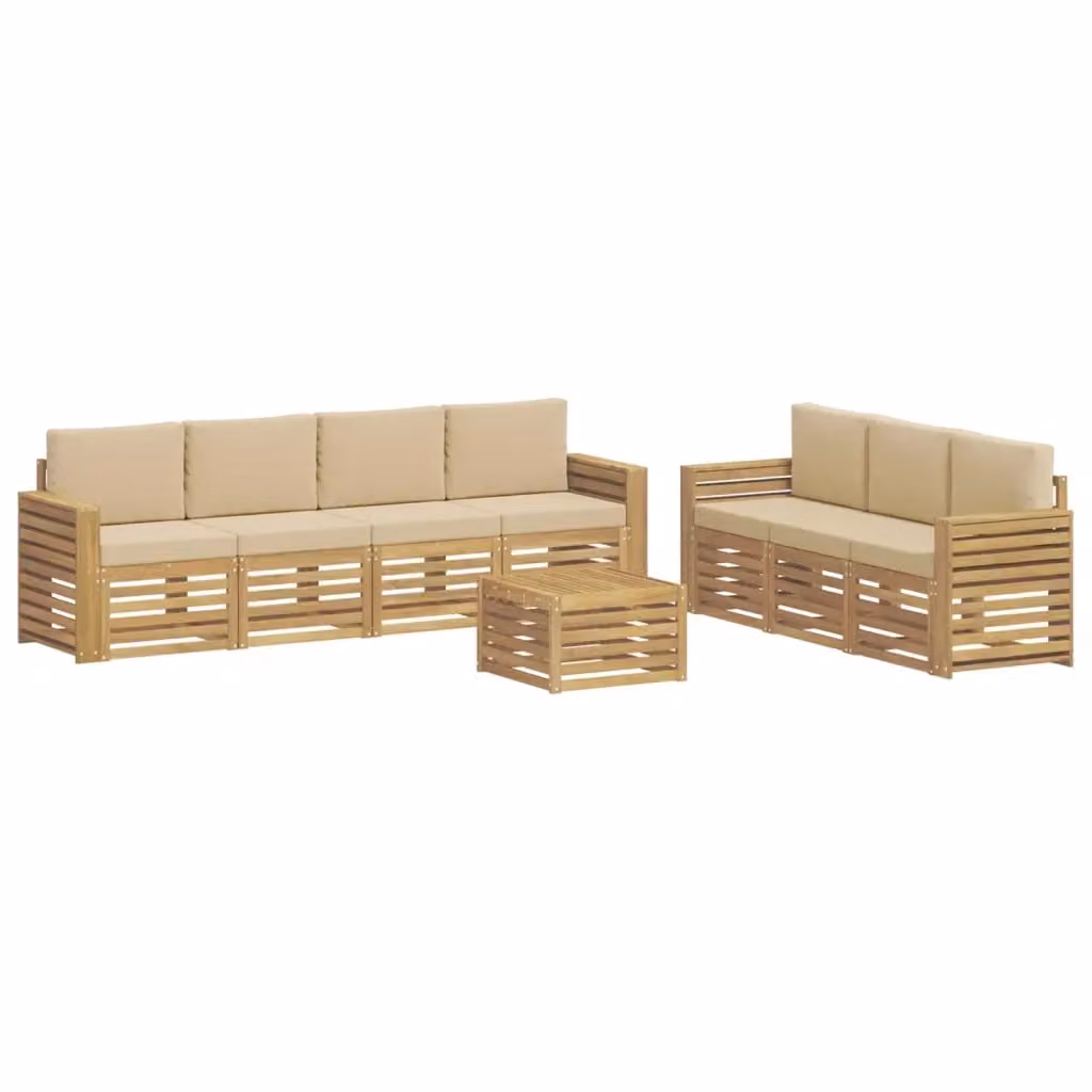 Set da giardino moderno vidaXL composto da divano a 3 posti, poltrone e tavolino da caffè in legno di acacia trattato, colori bianco e beige con cuscini inclusi – 2