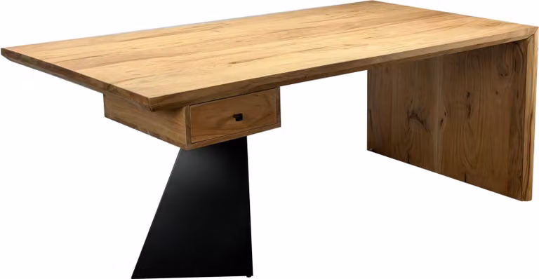 WOHNLING Scrivania in legno massello di acacia 180 cm rettangolare con cassetto - Scrivania moderna in legno massello con struttura in metallo - Tavolo in legno naturale dal design industriale