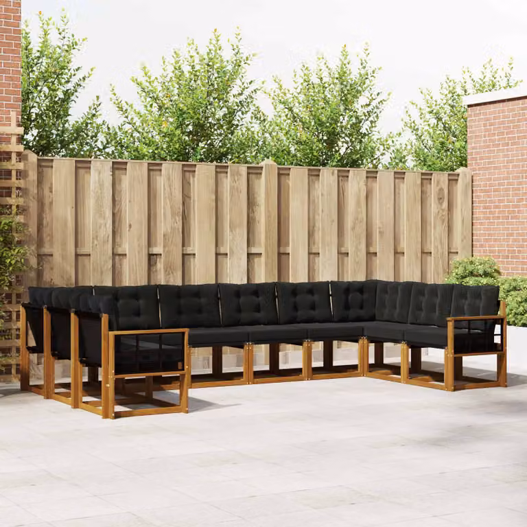Set di divani da esterno vidaXL 10 pezzi a forma di L in legno di acacia e textilene, colore marrone e nero con cuscini inclusi