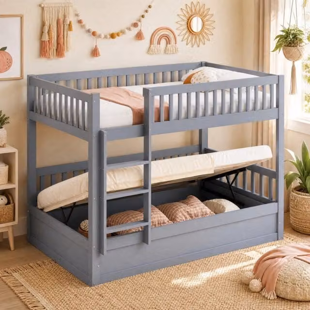 Letto a castello per bambini con contenitore idraulico 90x200 cm; legno; grigio