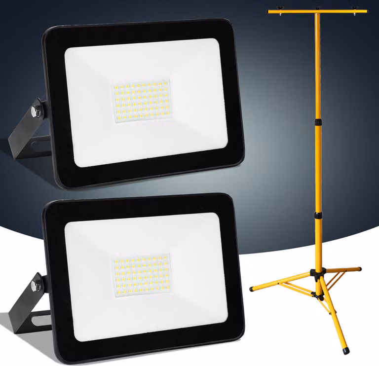 Jopassy 2x 50W LED proiettore da costruzione Proiettore a treppiede Proiettore da esterno Luce da lavoro Proiettore da costruzione IP66 Impermeabile Bianco caldo