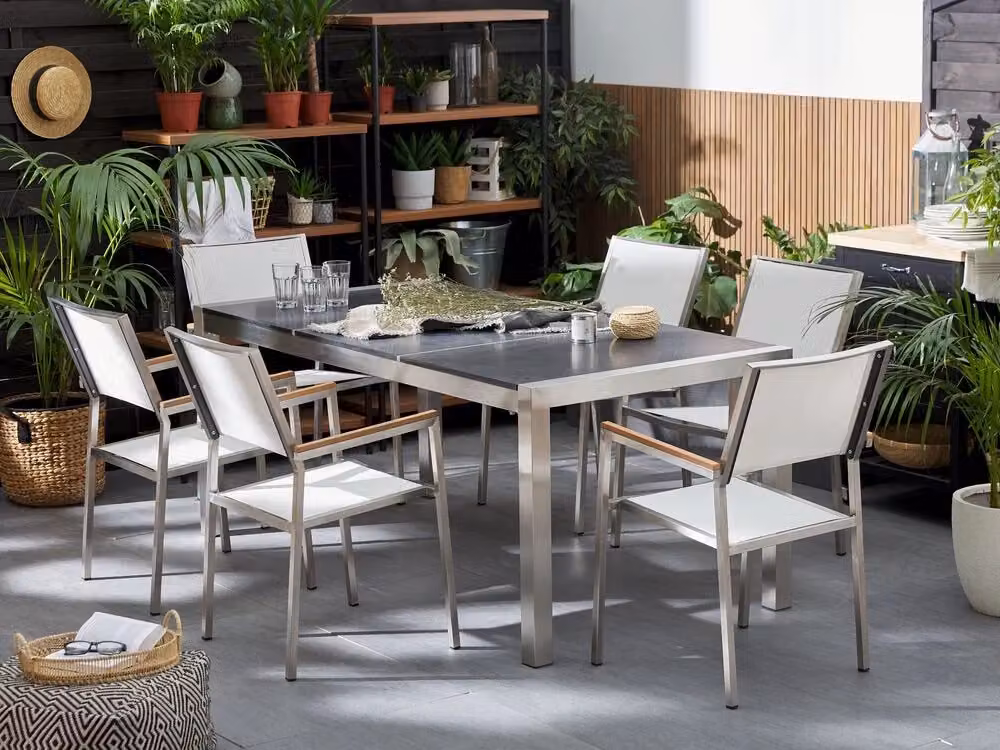 Set da Giardino Beliani con Tavolo in Basalto Fiammato e 6 Sedie Bianche L: 180 cm, P: 90 cm, H: 74 cm – 2