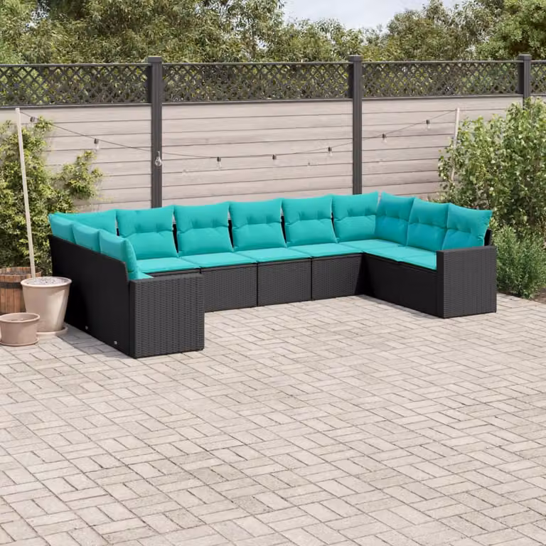 vidaXL Set di Divani da Giardino a Forma di U composto da 10 Pezzi in Polyrattan Nero con Cuscini e Rivestimenti Rimovibili