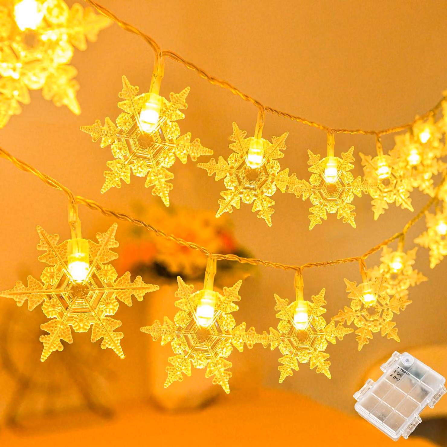 Catena luminosa a forma di fiocchi di neve, lunghezza 6 metri, 40 LED, alimentazione a batteria, grado di protezione IP65