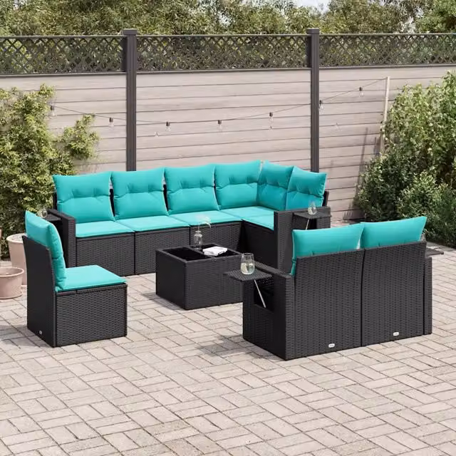 Set Divani da Giardino 9 pz con Cuscini Nero in Polyrattan 3220446