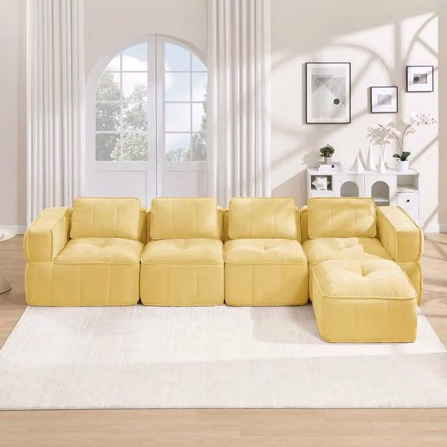 Divano angolare 4 posti con poggiapiedi ¨C Minimal ¨C giallo tessuto imbottito cuscini morbido