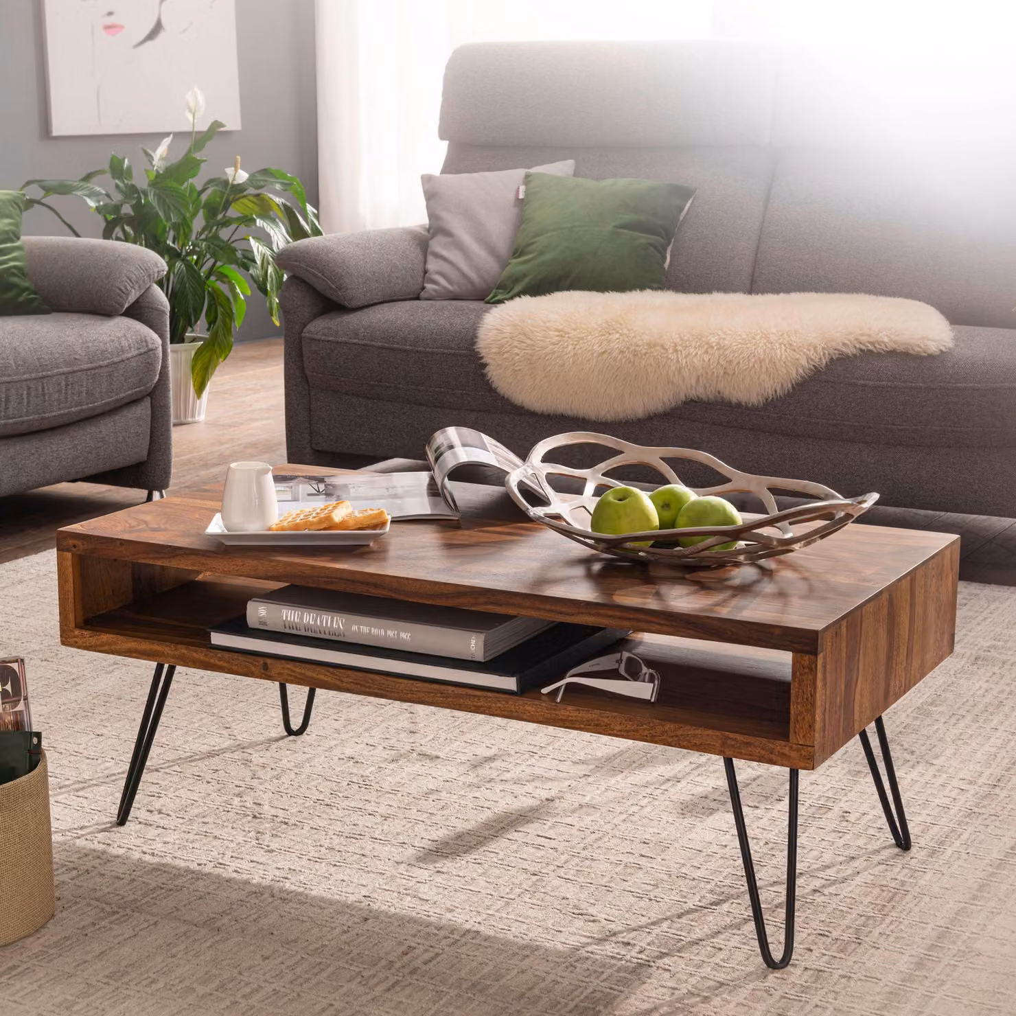 Tavolino FineBuy 100x40x50 cm Tavolino in legno massiccio / metallo Sheesham | Design soggiorno rettangolare | Tavolino pe