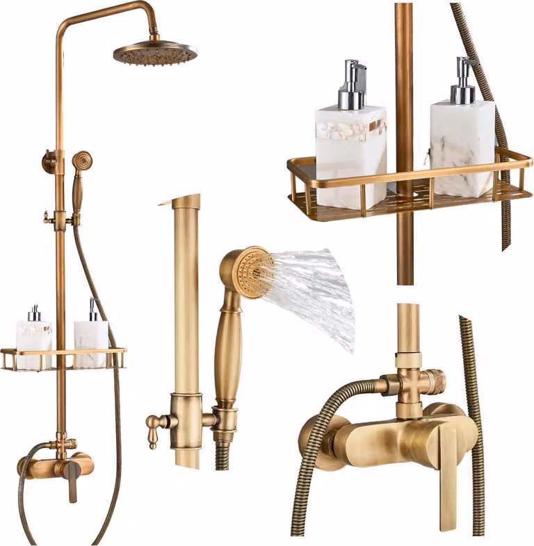 Zestaw doccia retrò ARI in ottone, miscelatore da bagno con doccetta e mensola porta cosmetici, cartuccia in Vetroceramica, montaggio a parete