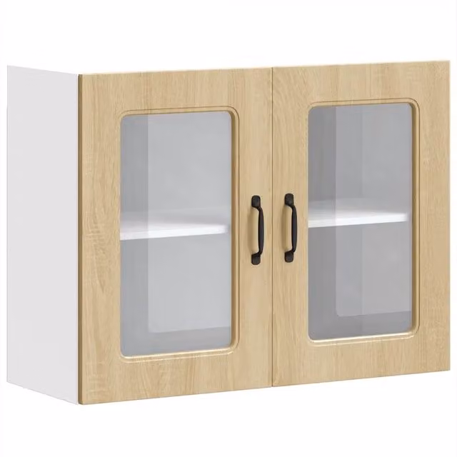 Pensile da cucina moderno HELLOSHOP26 in legno rovere con ante in vetro, colore marrone e beige, L: 80 cm, P: 31 cm, H: 60 cm