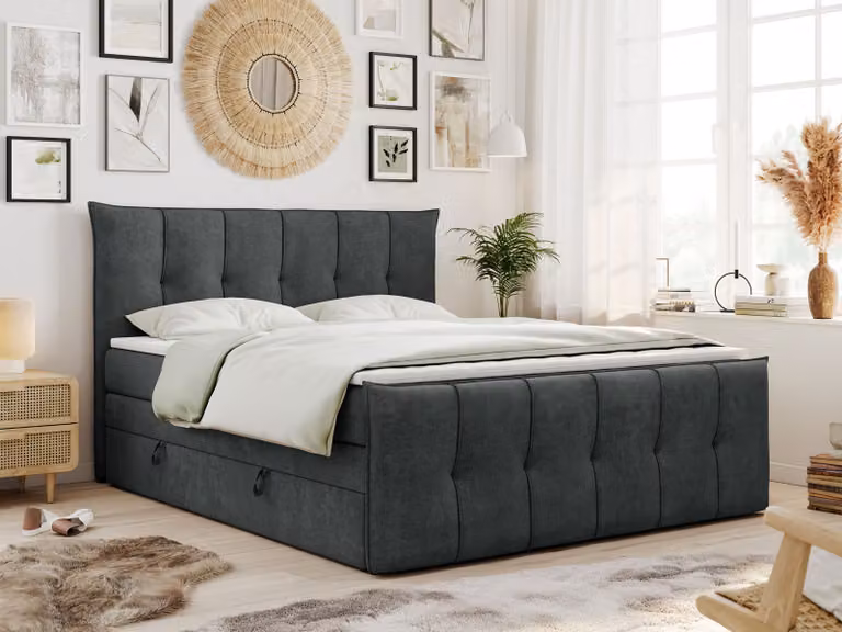 Letto con rete a molle King 180x200, letto con rete a molle 180x200 con contenitore e materasso H3, letto imbottito 180x200 con materasso, letto 180x200 con contenitore, PREMIUM-11-KING - 180x200 - Grigio scuro - Struttura - H3