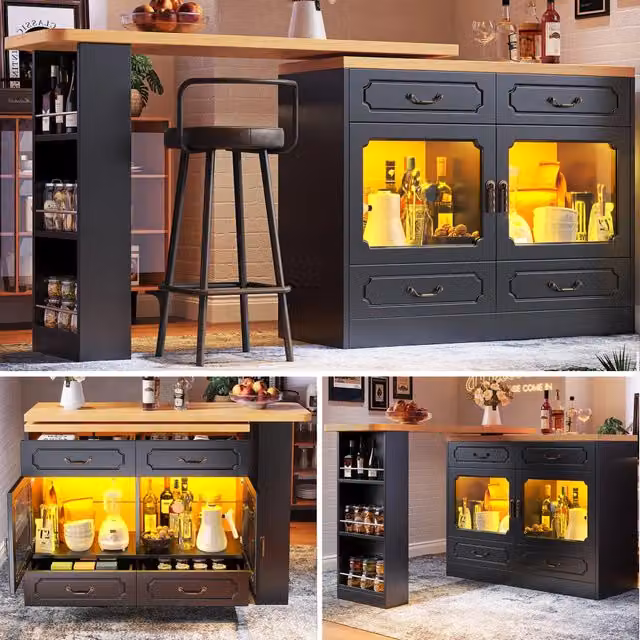 Tavolo da bar estraibile nero con LED, 135-203x39x92,8 cm, piano girevole a 360° e vano portaoggetti, per cucina, soggiorno e camera