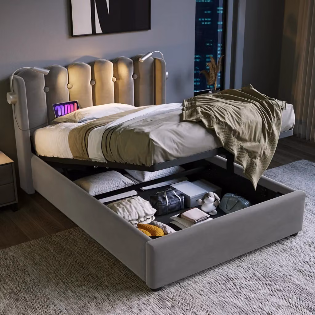 Letto singolo REDOM in velluto grigio con contenitore a sollevamento, luce da lettura e porta USB, L/P/H: 90 x 200 x 103 cm – 2