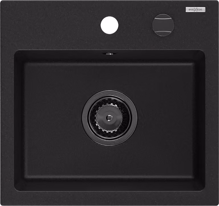 Mexen Milo lavello in granito a 1 vasca 435 x 410 mm, nero, sifone nero - 6505441000-77-B