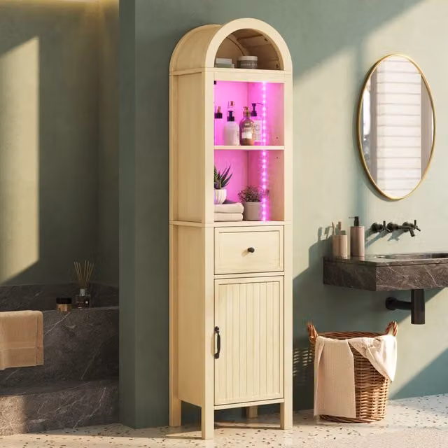 Colonna bagno freestanding MODFU in MDF color beige con illuminazione integrata e ante soft-close L/P/H: 40 x 30 x 163 cm