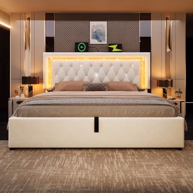 Letto imbottito WISHDOR in velluto beige con contenitore idraulico, illuminazione LED, ricarica USB e Type-C, L/P/H: 140 x 200 x 151 cm