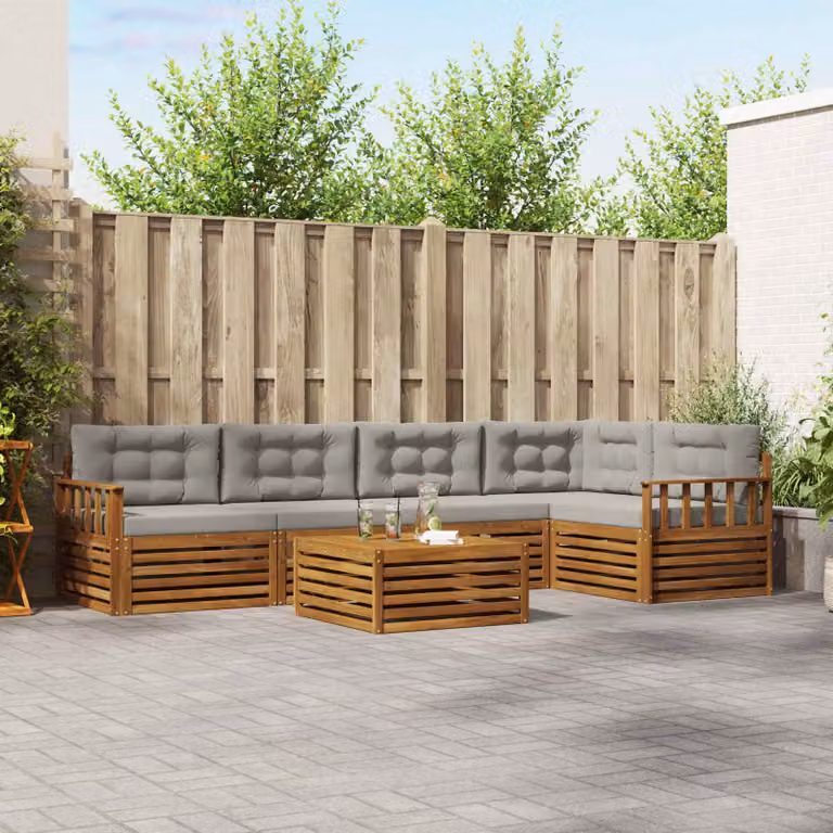 Set di divani da esterno vidaXL 6 pezzi a forma di L in legno di acacia con cuscini, colore grigio e marrone