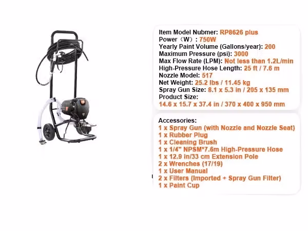 Spruzzatore airless, potenza 750W, pressione 3000PSI, 750W con carrello