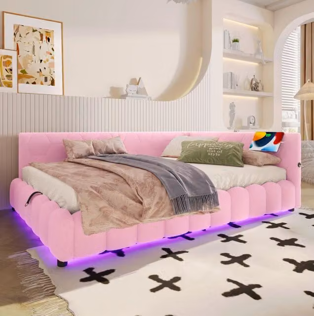 Letto giorno 140x200 cm con rete a doghe; contenitore idraulico; LED; USB e Type-C; rosa velluto