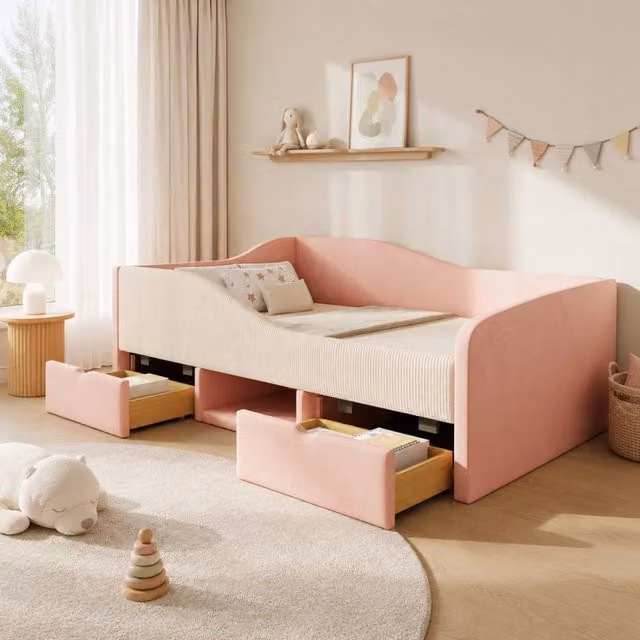 Letto imbottito per bambini 90x190 cm in velluto rosa e bianco; con sponde e contenitore
