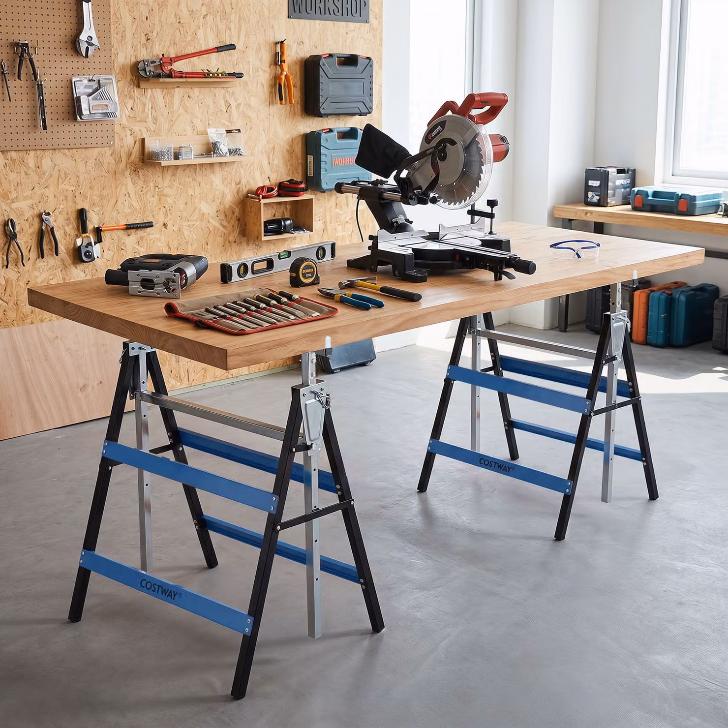 Set di 2 cavalletti da lavoro pieghevoli Costway in metallo con altezza regolabile, colore blu
