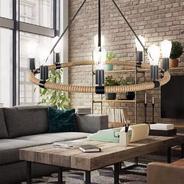 Lampadario Sospeso Rotondo Rustico Trade Shop in Canapa e Metallo Marrone con Attacco E27