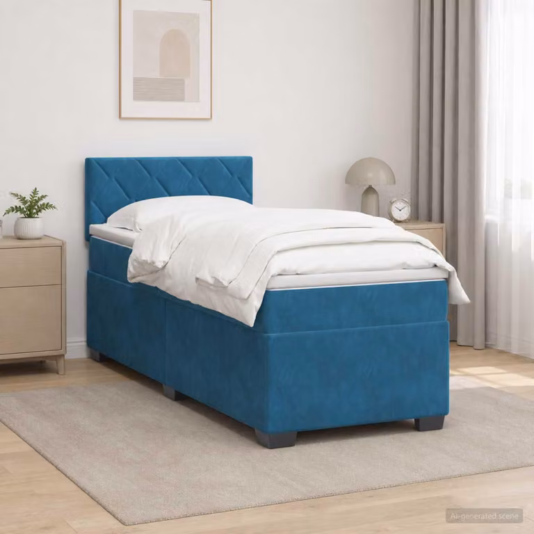 Letto con boxspring, materasso e illuminazione LED blu, 90 x 200 cm, rivestito in velluto