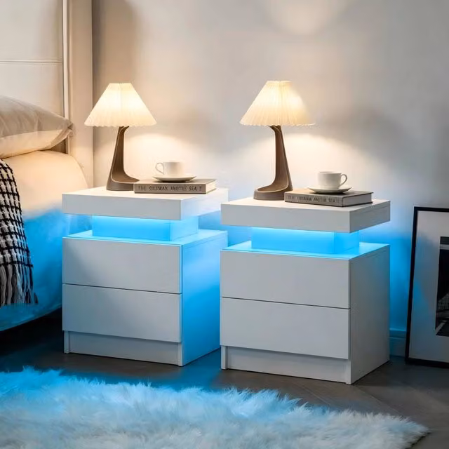 Comodino moderno MODFU con luci LED regolabili, 2 cassetti e vano aperto, bianco opaco – 1